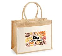 Planetee Sac cabas jute femme Elsa Flower Power Design rétro Vintage Années 70s Sac de Courses Grand Format Cadeau Maman Mamie Fête des Mères Anniversaire Noël