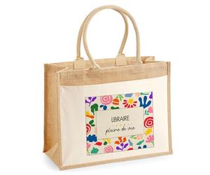 Planetee Sac cabas jute femme Libraire Pleine de vie Design style Pop Art Vintage Sac de Courses Grand Format avec poche - Idée Cadeau Départ Retraite Collègue Anniversaire