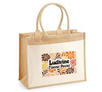 Planetee Sac cabas jute femme Ludivine Flower Power Design rétro Vintage Années 70s Sac de Courses Grand Format Cadeau Maman Mamie Fête des Mères Anniversaire Noël