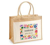 Planetee Sac cabas jute femme Marraine Pleine de vie Design style Pop Art Vintage Sac de Courses Grand Format Cadeau Annonce Grossesse Anniversaire Noël