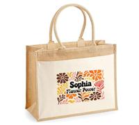 Planetee Sac cabas jute femme Sophia Flower Power Design rétro Vintage Années 70s Sac de Courses Grand Format Cadeau Maman Mamie Fête des Mères Anniversaire Noël