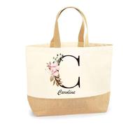 Planetee Sac Caroline Lettre Fleur | Cabas de Plage Courses Coton et Toile de Jute Idée Cadeau Femme