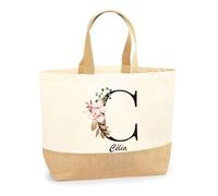 Planetee Sac Célia Lettre Fleur | Cabas de Plage Courses Coton et Toile de Jute Idée Cadeau Femme