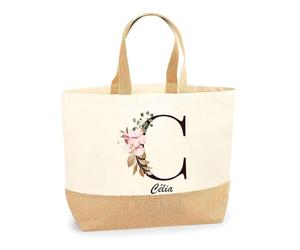 Planetee Sac Célia Lettre Fleur | Cabas de Plage Courses Coton et Toile de Jute Idée Cadeau Femme