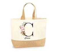 Planetee Sac Corine Lettre Fleur | Cabas de Plage Courses Coton et Toile de Jute Idée Cadeau Femme
