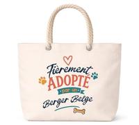 Planetee Sac de Plage Adopté par Berger Belge | Grand Sac Cabas Fourre-Tout 23 L Anses Corde Coton | Idée Cadeau Propriétaire de Chien Dog Lover Anniversaire Noël