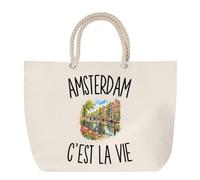 Planetee Sac de Plage Amsterdam c’est la vie | Grand Cabas Coton à Anses en Corde 23 L | Idée Cadeau Voyageur Voyageuse Homme Femme Anniversaire Noël | Imprimé en Bretagne
