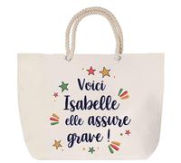 Planetee Sac de plage Isabelle elle assure grave - Grand Sac de Transport, Sport - Coton et anse corde - Cadeau Femme Fête des Mères Anniversaire Soeur Noël Tata Marraine