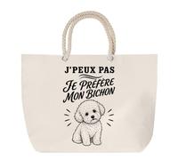 Planetee Sac de Plage J’peux pas je préfère mon Bichon | Grand Cabas Coton à Anses en Corde 23 L | Idée Cadeau Propriétaire Bichon Homme Femme Anniversaire Noël | Imprimé en Bretagne