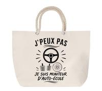 Planetee Sac de Plage J’peux pas je suis Moniteur d’auto-école | Grand Cabas Coton à Anses en Corde 23 L | Idée Cadeau Homme Femme Anniversaire Noël | Imprimé en Bretagne
