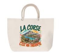 Planetee Sac de Plage La corse c'est ma thérapie | Grand Cabas Coton à Anses en Corde 23 L | Idée Cadeau Homme Femme Anniversaire Noël | Imprimé en Bretagne