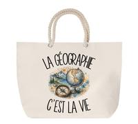 Planetee Sac de Plage La géographie c'est la vie | Grand Cabas Coton à Anses en Corde 23 L | Idée Cadeau Géographe Homme Femme Anniversaire Noël | Imprimé en Bretagne