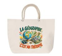 Planetee Sac de Plage La géographie c'est ma thérapie | Grand Cabas Coton à Anses en Corde 23 L | Idée Cadeau Homme Femme Anniversaire Noël | Imprimé en Bretagne