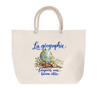 Planetee Sac de Plage La géographie, toujours une bonne idée | Grand Cabas Coton à Anses en Corde 23 L | Idée Cadeau Géographe Homme Femme Anniversaire Noël | Imprimé en Bretagne