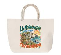 Planetee Sac de Plage La normandie c'est ma thérapie | Grand Cabas Coton à Anses en Corde 23 L | Idée Cadeau Homme Femme Anniversaire Noël | Imprimé en Bretagne