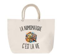 Planetee Sac de Plage La Numismatique c’est la vie | Grand Cabas Coton à Anses en Corde 23 L | Idée Cadeau Numismate Homme Femme Anniversaire Noël | Imprimé en Bretagne