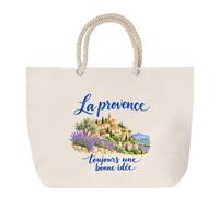Planetee Sac de Plage La Provence, toujours une bonne idée | Grand Cabas Coton à Anses en Corde 23 L | Idée Cadeau Provençal Provençale Homme Femme Anniversaire Noël | Imprimé en Bretagne