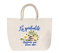 Planetee Sac de Plage La spiritualité, toujours une bonne idée | Grand Cabas Coton à Anses en Corde 23 L | Idée Cadeau Âme Spirituelle Homme Femme Anniversaire Noël | Imprimé en Bretagne