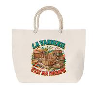Planetee Sac de Plage La vannerie c'est ma thérapie | Grand Cabas Coton à Anses en Corde 23 L | Idée Cadeau Homme Femme Anniversaire Noël | Imprimé en Bretagne