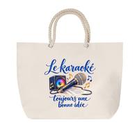 Planetee Sac de Plage Le karaoké, toujours une bonne idée | Grand Cabas Coton à Anses en Corde 23 L | Idée Cadeau Chanteur Chanteuse Homme Femme Anniversaire Noël | Imprimé en Bretagne