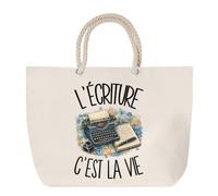 Planetee Sac de Plage L'écriture c'est la vie | Grand Cabas Coton à Anses en Corde 23 L | Idée Cadeau Écrivain Écrivaine Homme Femme Anniversaire Noël | Imprimé en Bretagne