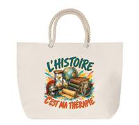 Planetee Sac de Plage L'histoire c'est ma thérapie | Grand Cabas Coton à Anses en Corde 23 L | Idée Cadeau Homme Femme Anniversaire Noël | Imprimé en Bretagne