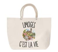 Planetee Sac de Plage Limoges c’est la vie | Grand Cabas Coton à Anses en Corde 23 L | Idée Cadeau Limougeaud Limougeaude Homme Femme Anniversaire Noël | Imprimé en Bretagne