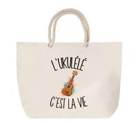 Planetee Sac de Plage L'Ukulélé C'est La Vie | Grand Sac Cabas Coton Anses en Corde | Idée Cadeau Femme Homme Anniversaire Noël | Imprimé en Bretagne