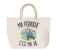 Planetee Sac de Plage Ma perruche c'est ma vie | Grand Cabas Coton à Anses en Corde 23 L | Idée Cadeau Passionné et Passionnée D'oiseaux Homme Femme Anniversaire Noël | Imprimé en Bretagne
