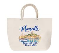 Planetee Sac de Plage Marseille, toujours une bonne idée | Grand Cabas Coton à Anses en Corde 23 L | Idée Cadeau Marseillais Marseillaise Homme Femme Anniversaire Noël | Imprimé en Bretagne