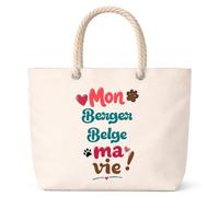 Planetee Sac de Plage Mon Berger Belge ma vie | Grand Sac Cabas Fourre-Tout 23 L Anses Corde Coton | Idée Cadeau Propriétaire de Chien Dog Lover Anniversaire Noël