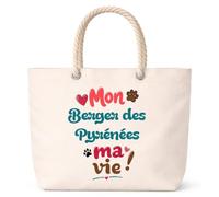 Planetee Sac de Plage Mon Berger des Pyrénées ma vie | Grand Sac Cabas Fourre-Tout 23 L Anses Corde Coton | Idée Cadeau Propriétaire de Chien Dog Lover Anniversaire Noël