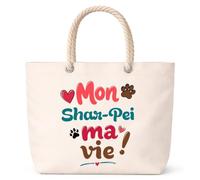Planetee Sac de Plage Mon Shar-Pei ma vie | Grand Sac Cabas Fourre-Tout 23 L Anses Corde Coton | Idée Cadeau Propriétaire de Chien Dog Lover Anniversaire Noël