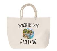 Planetee Sac de Plage Thonon-les-Bains c’est la vie | Grand Cabas Coton à Anses en Corde 23 L | Idée Cadeau Thononais Thononaise Homme Femme Anniversaire Noël | Imprimé en Bretagne