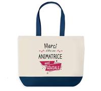 Planetee Sac de Shopping Bleu Merci Animatrice Géniale | Idée Cadeau Collègue Noël Anniversaire | Grand Sac de Course Provision