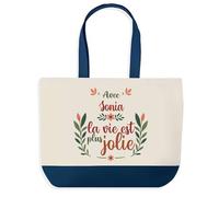Planetee Sac de Shopping bleu Sonia la vie est plus jolie - Grand sac de course provision, Cadeau Fête des Mères Anniversaire Soeur Noël Tata Marraine