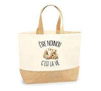 Planetee Sac Être nounou c'est la vie | Cabas en Coton avec Fond Jute 18 L 48 × 37 × 13 cm | Marché Shopping Plage Courses | Cadeau Assistante Maternelle Femme Anniversaire Noël