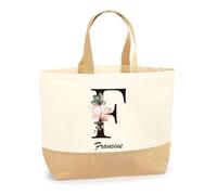 Planetee Sac Francine Lettre Fleur | Cabas de Plage Courses Coton et Toile de Jute Idée Cadeau Femme