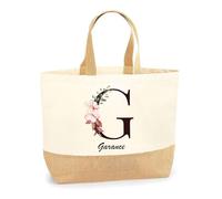 Planetee Sac Garance Lettre Fleur | Cabas de Plage Courses Coton et Toile de Jute Idée Cadeau Femme
