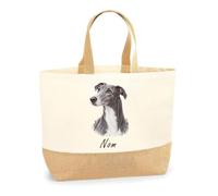Planetee Sac Greyhound (Lévrier Anglais) | Cabas en Coton avec Fond Jute 18 L 48 × 37 × 13 cm | Marché Shopping Plage Courses | Cadeau Femme Anniversaire Noël
