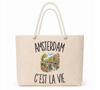 Planetee Sac Isotherme Amsterdam c’est la vie | Grand Cabas 23 L en Coton avec Doublure Aluminium Double Paroi Zip et Anses Corde | Pique-Nique Courses Voyageur Voyageuse