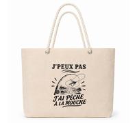 Planetee Sac Isotherme J’peux pas j’ai Pêche à la mouche | Grand Cabas 23 L en Coton avec Doublure Aluminium Double Paroi Zip et Anses Corde | Pique-Nique Courses Pêcheur Pêcheuse