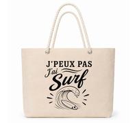 Planetee Sac Isotherme J’peux pas j’ai Surf | Grand Cabas 23 L en Coton avec Doublure Aluminium Double Paroi Zip et Anses Corde | Pique-Nique Courses Surfeur Surfeuse