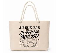 Planetee Sac Isotherme J’peux pas je préfère mes BD | Grand Cabas 23 L en Coton avec Doublure Aluminium Double Paroi Zip et Anses Corde | Pique-Nique Courses Bédéphile