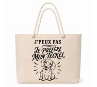 Planetee Sac Isotherme J’peux pas je préfère mon Teckel | Grand Cabas 23 L en Coton avec Doublure Aluminium Double Paroi Zip et Anses Corde | Pique-Nique Courses Propriétaire Teckel