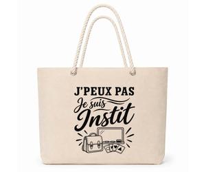 Planetee Sac Isotherme J’peux pas je suis Instit | Grand Cabas 23 L en Coton avec Doublure Aluminium Double Paroi Zip et Anses Corde | Pique-Nique Courses Instituteur Institutrice