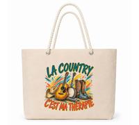 Planetee Sac Isotherme La country c'est ma thérapie | Grand Cabas 23 L en Coton avec Doublure Aluminium Double Paroi Zip et Anses Corde | Pique-Nique Courses