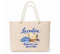 Planetee Sac Isotherme La couture, toujours une bonne idée | Grand Cabas 23 L en Coton avec Doublure Aluminium Double Paroi Zip et Anses Corde | Pique-Nique Courses Couturier Couturière