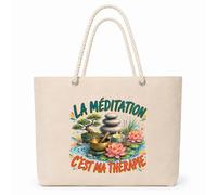 Planetee Sac Isotherme La méditation c'est ma thérapie | Grand Cabas 23 L en Coton avec Doublure Aluminium Double Paroi Zip et Anses Corde | Pique-Nique Courses