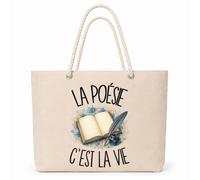 Planetee Sac Isotherme La poésie c'est la vie | Grand Cabas 23 L en Coton avec Doublure Aluminium Double Paroi Zip et Anses Corde | Pique-Nique Courses Poète Poétesse